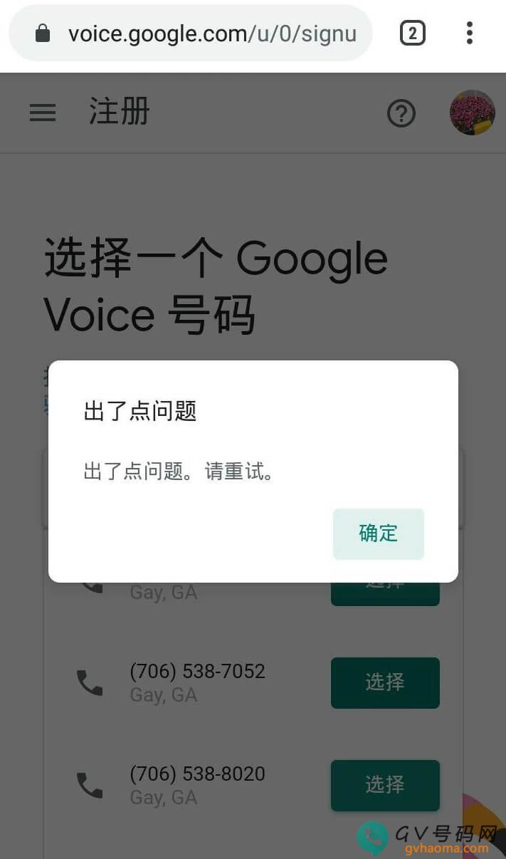 Google Voice选择号码-出了点问题，请重试