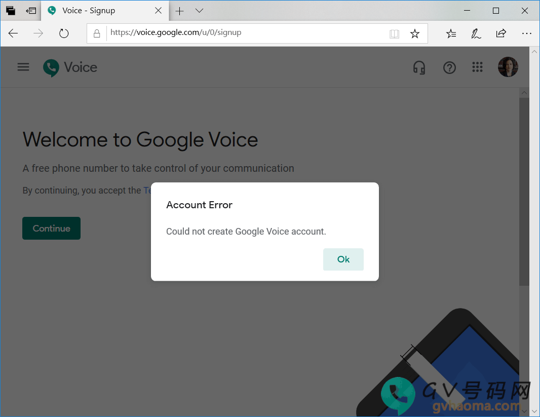 账号错误：无法创建 Google Voice 号码